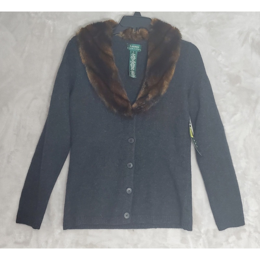 Vtg Ralph Lauren Sweater S Merino Wool & Rabbit Fur Cardigan Fur Collar Gray NWT